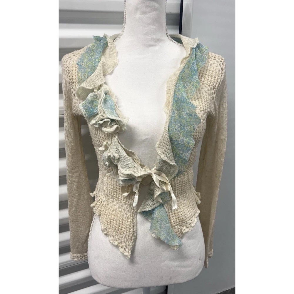 French Designer Zone Bleue Crochet Tie Front Cream Cardigan Fairy Top size S